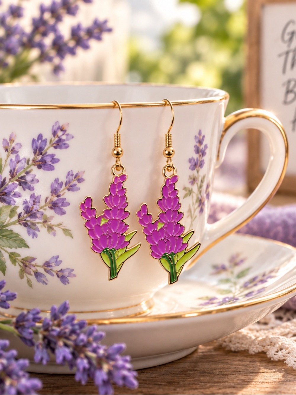 New Lavender Flower Enamel Dangle Earrings Purple Floral Gold Tone 2”